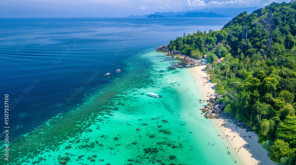 Obraz premium Tropical beach. Summer vacation on a tropical island with beautiful beach and palm trees. Tropical Maldives.