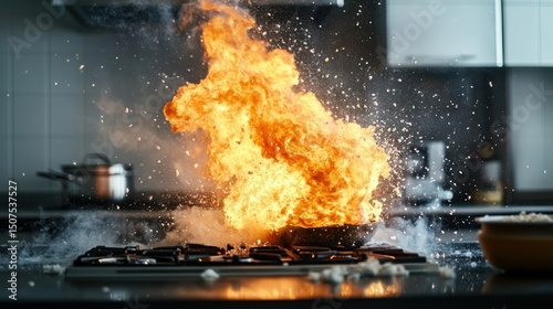 A dramatic scene unfolds in a kitchen as flames erupt violently from a pan, illustrating the dangers of cooking and improper kitchen safety practices in vivid detail. photo