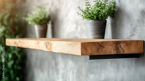 A minimalist wooden shelf adorned with two green potted plants, emphasizing a balance of nature and design, perfect for home decor or interior design themes. photo