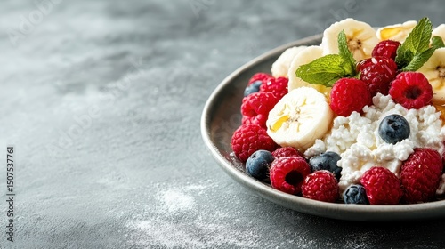 A vibrant plate filled with bananas, raspberries, and blueberries, beautifully presented, highlighting healthy eating choices, perfect for food blogs or nutrition themes. photo