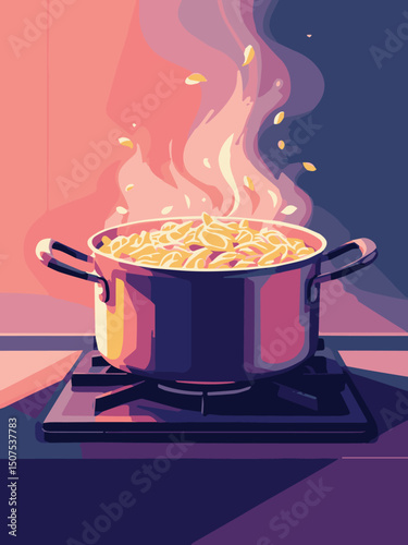 Cooking Pot on Stove with Rising Steam – Kitchen Scene Illustration