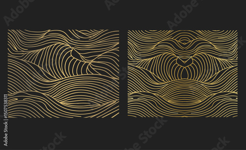 Abstract wave golden line vector patterns set. Art deco fancy art posters and japanese luxury graphic design. For wine package and wedding invitation