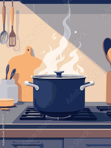 Cooking Pot on Stove with Rising Steam – Kitchen Scene Illustration