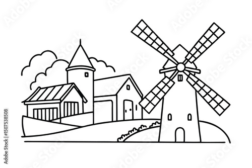 Simple black and white illustration of a dutch windmill and village scene