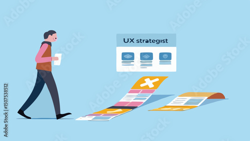Man walking past ux strategist board and design mockups on a light blue background illustration art
