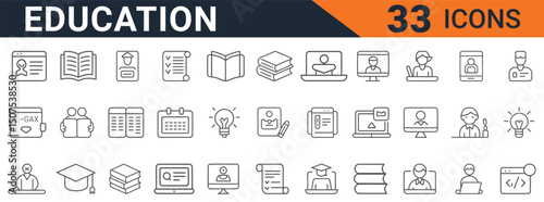 Minimalist Line Style Education Icons Set Featuring Online Learning, School, Students, Books, and Graduation Elements