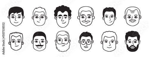 men portraits male doodles set doodle hand drawn icon set. Outline drawing man heads and faces line clipart symbol collection.