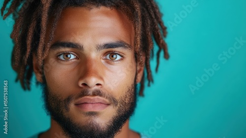 This striking close-up features a young man with dreadlocks, capturing the essence of individuality and style against a vibrant blue background, showcasing confidence and beauty. photo