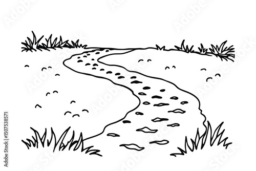 Hand drawn whimsical illustration of a winding path with footprints and grassy edges.