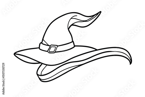 Black and white outline of a witch's hat with wide brim and buckle detail
