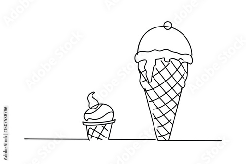 Simple and elegant continuous line drawing of two ice cream cones in black and white