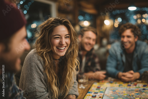 Friends enjoying laughter and strategy during a game night at home together