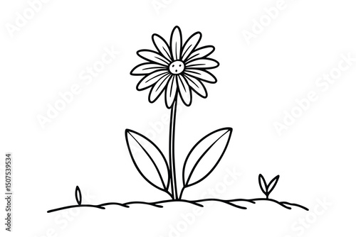 Simple black and white hand drawn daisy flower with leaves and new growing sprouts