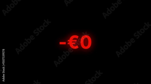 Animation of the deposit drop counter from 0 to 100,000 euro, euro deposit loss, red color. Decrease in euro deposit, drop in cash, drop in prices