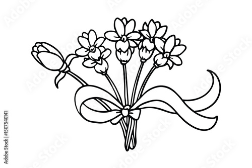 Simple black and white bouquet of flowers tied with a decorative ribbon vector