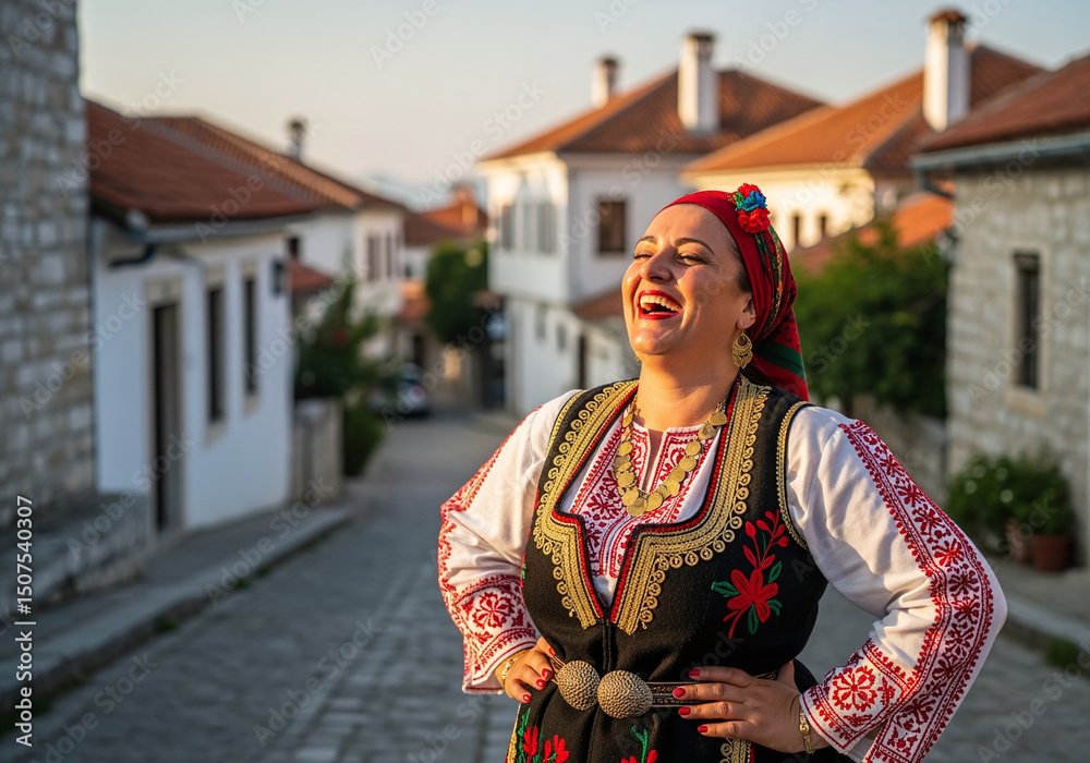 Fototapeta premium Joyful Woman in Traditional Albanian Folk Costume
