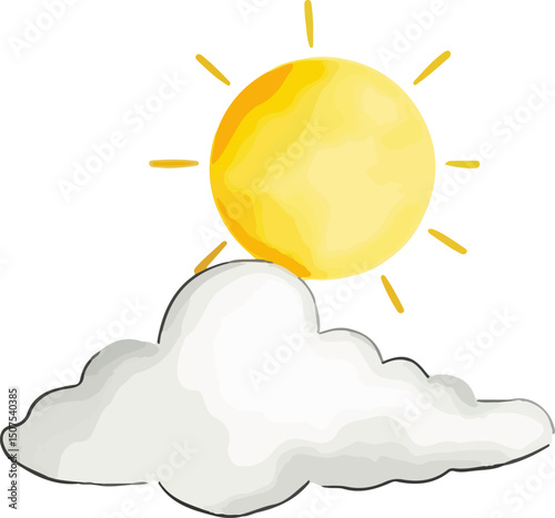 Sun and cloud watercolor vector illustration.