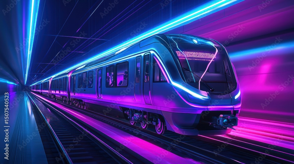 Naklejka premium Futuristic Train Speeding Through Neon Tunnel