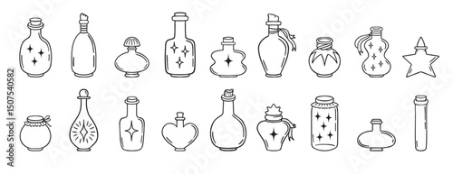 Magic flasks, bottles and jars doodle hand drawn icon set. Outline drawing line clipart symbol collection