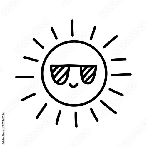 Cool cartoon sun with sunglasses and smile. Hand-drawn doodle style in black line. Fun summer illustration for kids, coloring pages, stickers, t-shirts, posters, and digital prints. Vector art