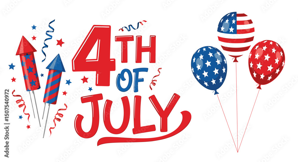 Fototapeta premium Vector festive fourth of july design with rockets, streamers, balloons, and holiday themed lettering art on transparent background