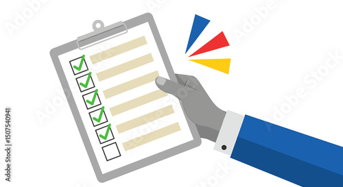 Vector hand holding clipboard with green checkmarks and colorful triangles near the top right corner side on transparent background