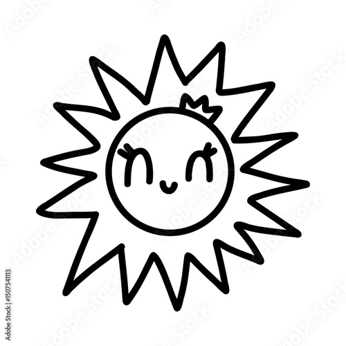 Cute kawaii sun with a happy face, eyelashes, and crown. Hand-drawn doodle style in black line. Perfect for kids designs, coloring pages, nursery art, summer themes, stickers, and prints. Vector art