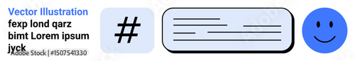 metadata tag, text block, and blue happy face arranged horizontally. Ideal for social media, content sharing, engagement, hashtags, user interaction, positivity simple landing page