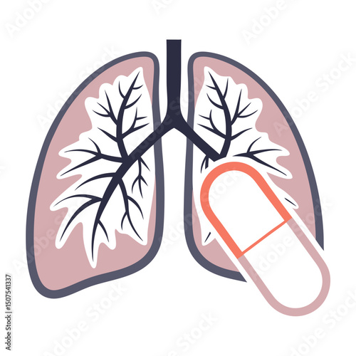 Lung illustration with a pill symbolizing respiratory support  