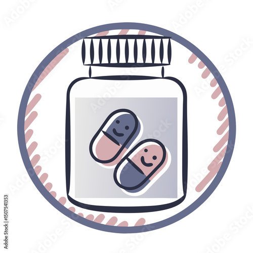 Cartoon pill bottle with smiling capsules inside a round design  