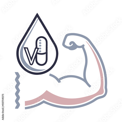 Muscle recovery icon featuring a strong arm and vitamin capsule  