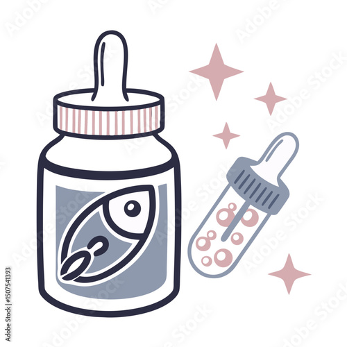 Omega-3 dietary supplement bottle with dropper and sparkling elements  