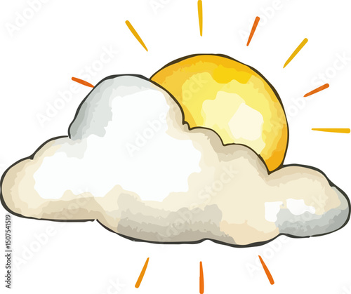Sun and cloud watercolor vector illustration.