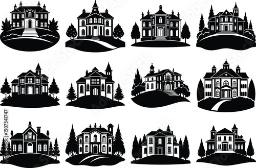 Vila Silhouette Set House Icon Architecture Building Collection Design
 , Budapest, Hungary, landmarks and monuments