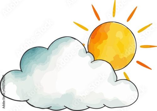 Sun and cloud watercolor vector illustration.