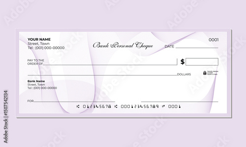Bank Check Vector with Editable Fields, guilloche pattern 