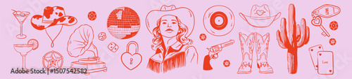 Cowgirl Disco Pink Collection. Cowboy hat, boots, cactus, dice, disco ball, vinyl, casino illustration. Girly doodle set with western and Vegas party elements. Hand drawn drawing sketch.