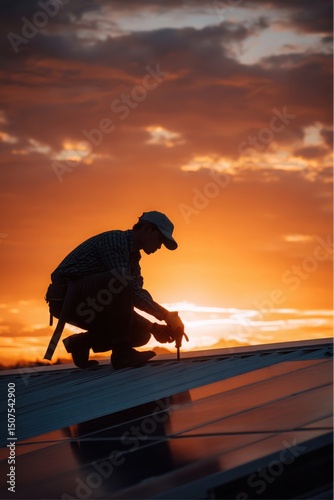 Man installs solar panels on a roof during sunset against a vibrant sky