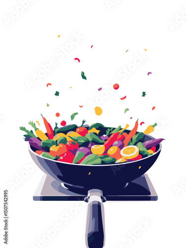 Vegetables in Mid-Air Above Frying Pan – Stir-Fry Action Illustration
