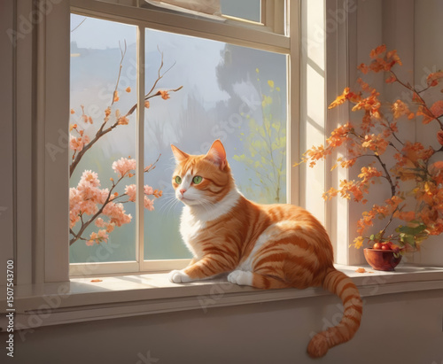 The furry red cat sits peacefully on the windowsill, bathed in warm sunlight, with autumn branches outside the window 