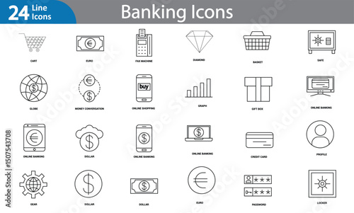 Banking Elements - Black Line Art Vector Illustration Set (EPS)