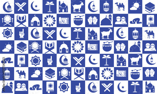 Colorful Eid ul Adha background or cards with Islamic icons, mosque, crescent moon, goat, Kaaba, lantern, Quran, and prayer symbols. Perfect for eid ul adha greeting card, banner, invitation, or post.