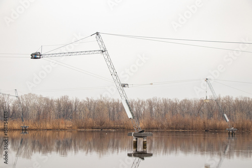 Cable wakeboard tower on a lake in Ukraine, installation for riding
