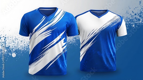 Two royal blue sports jerseys with white graphic design.