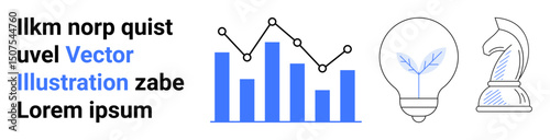 Blue bar graph with line chart highlights data analysis, light bulb emphasizes innovation, chess piece symbolizes strategic planning. Ideal for analytics, growth, brainstorming, strategy