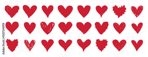 red heart icon set. Hand drawn textured hearts love concept signs