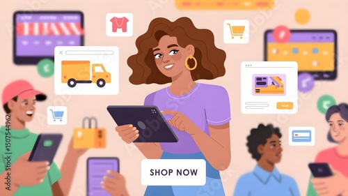 Online Shopping Woman – Tablet and Mobile Commerce Vector Illustration