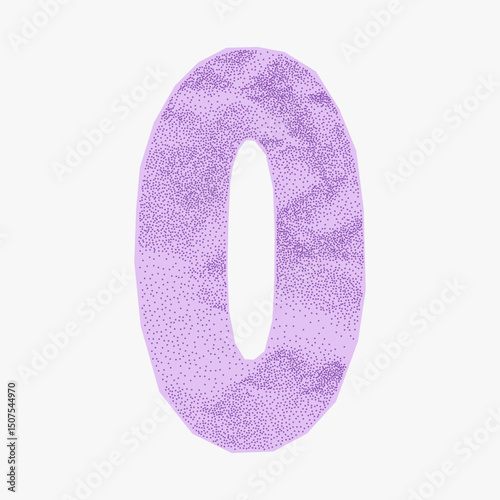 Bright purple number 0 in cute collage style. Crumpled paper texture with jagged torn edges, multicolor ransom note look, playful and bold design for kids.