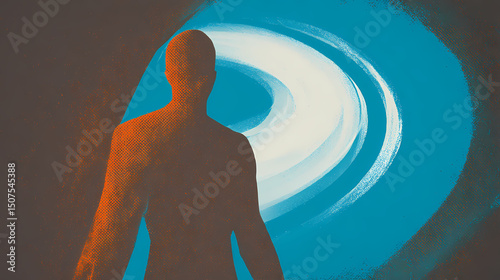 Una silueta humana transparente en un ambiente cuantico azul de su pecho irradia una luz blanca en forma de espiral. Spatial Echo. Illustration