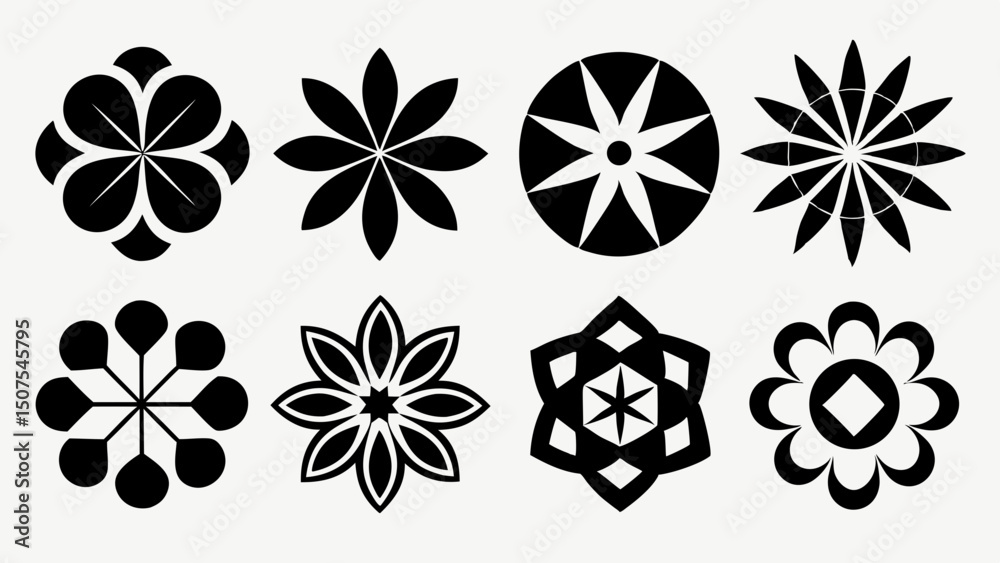 Set Of Abstract Black And White Floral Icons Set Of Abstract Black And White Floral Icons